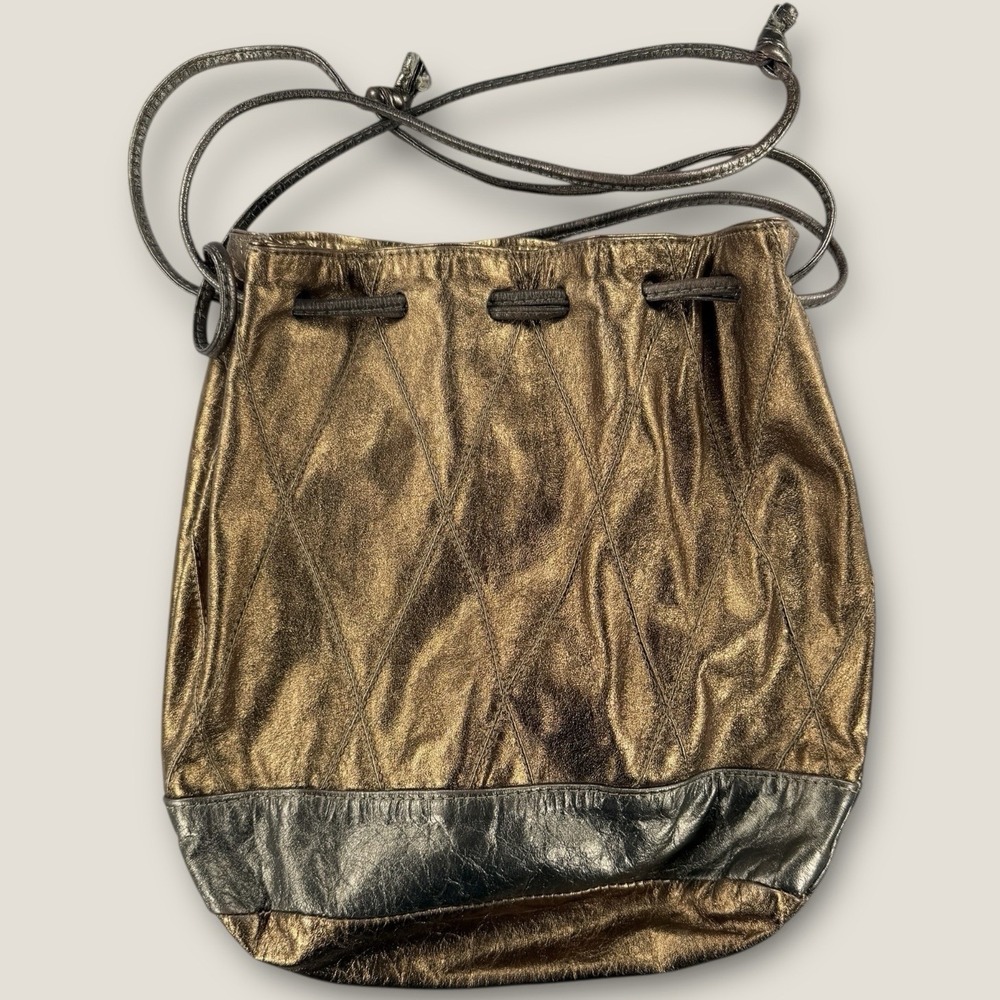 Vintage Letisse Metallic Gold Bronze Leather Bucket Bag Drawstring Quilted‎ 80s